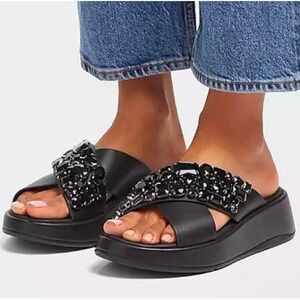 FitFlop F-Mode Jewel Embellished Cross Strap Leather Platform Sandal Black 11
